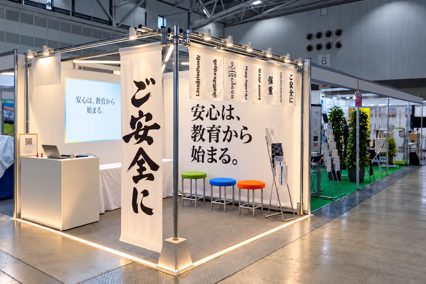 単管のフレームに白い布を張った3m角の展示ブース。筆文字の縦バナーと多言語ののれんが通路に面し、床の際と梁に線状の照明が入っている